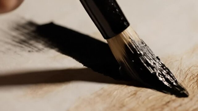 Close up view of calligraphy brush strokes creating artistic patterns on textured paper with tranquil ambiance
