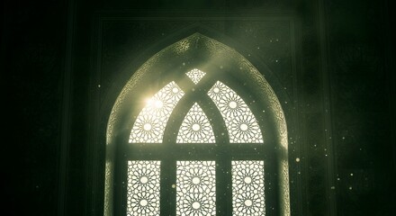 Golden light through intricate Arabic arch window with dust