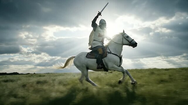 Medieval Crusader Knight Galloping on White Horse in Field
