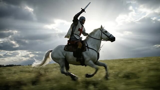 Medieval Crusader Knight Galloping on White Horse in Field
