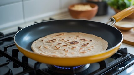 Tortilla cooking in yellow pan on gas stove