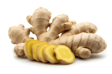 Fresh ginger root with sliced pieces isolated on white