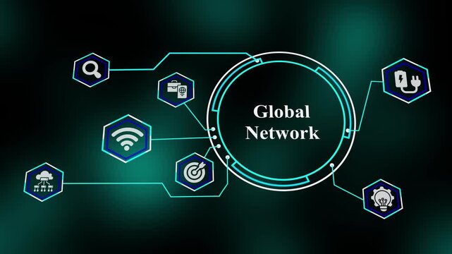 Global Network visualization highlighting interconnected digital systems, cloud computing services, wireless access points, and smart infrastructure.