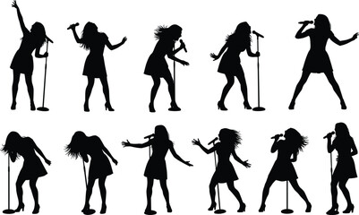 Obraz premium Black silhouettes of diverse men and women singing and dancing, jumping energetic performers set, musical artists on isolated white background.v