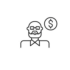 Obraz premium Elderly man wearing glasses and dollar symbol. Banking and finances, user subscription. Pixel perfect, editable stroke vector icon