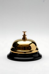 Shiny gold hotel bell with black base on white background