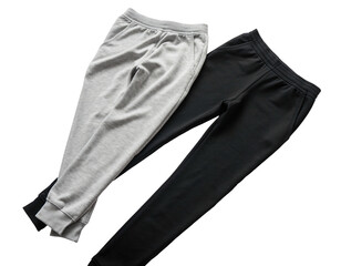 Two casual sweatpants, one gray, one black, lie side-by-side
