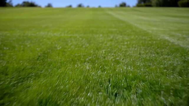 Dynamic low angle view of manicured green lawn in daylight showcasing healthy grass and background trees under a clear blue sky on a sunny day