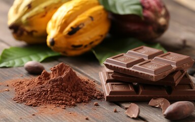 Delicious chocolate bars with cocoa powder and fresh cacao fruits