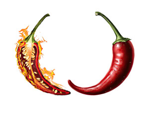 A vivid chili pepper, split open with fiery embers, next to a whole one
