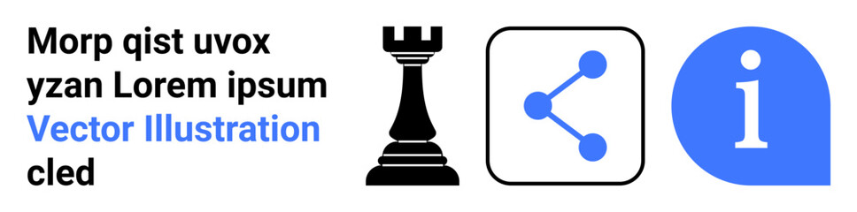 Strategy games, knowledge sharing, digital networks, communication, data exchange, information systems. Chess rook piece, sharing icon info symbol in a clean design. Strategy games and knowledge © robu_s