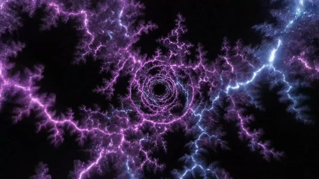Abstract purple and blue glowing energy tunnel with spiraling fractal patterns and black background.