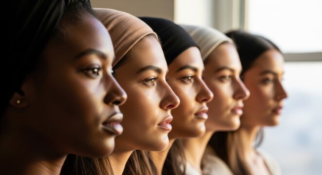 Diverse group of women standing in a row, looking forward with determination.