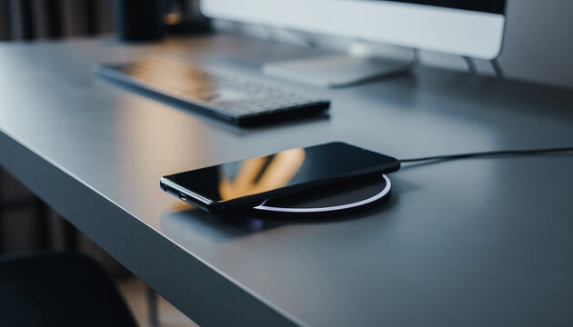 Smartphone charging on a circular wireless pad on a sleek desk with a keyboard and monitor in the background.