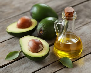 Avocado oil in glass bottle with fresh avocados on wooden table