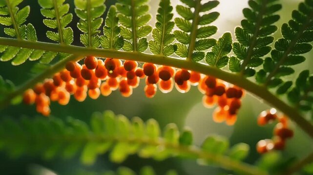 Close-up of a fern frond showing glowing orange sori, the reproductive structures containing fern spore.