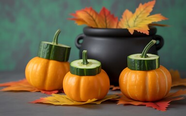 Whimsical pumpkins with cucumber tops near cauldron and autumn leaves