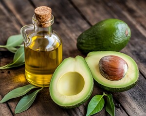 Avocado oil and fresh avocados on rustic wooden table