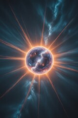 Vibrant planet glowing brightly in dark space with radiant light beams