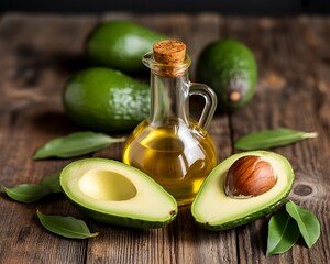 Fresh avocados with avocado oil on wooden table