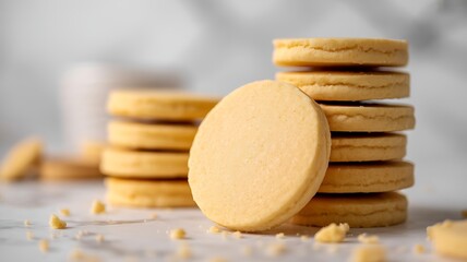 Delicious shortbread cookies stacked on white surface with crumbs