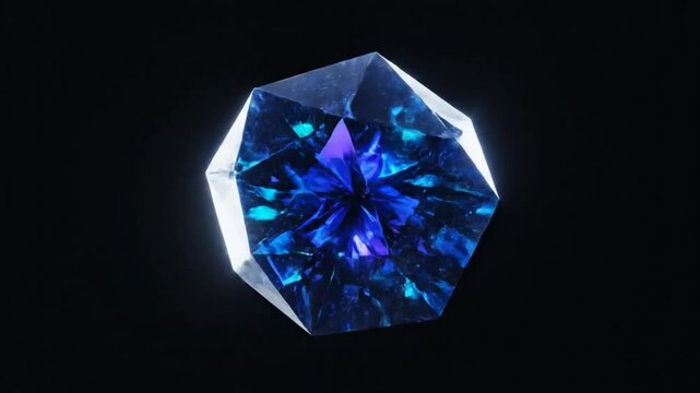 Mesmerizing close-up animation of a flawless blue crystal rotating in a dark space