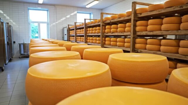 Large wheels of aging cheese stored on wooden shelves in a cool room, ready for distribution