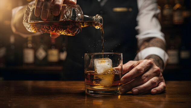 Pouring Golden Liquor from a Glass Bottle into a Tumbler with Ice Cube on a Wood Surface at a Bar at Night; Preparing Cocktail for Party and Celebration Event