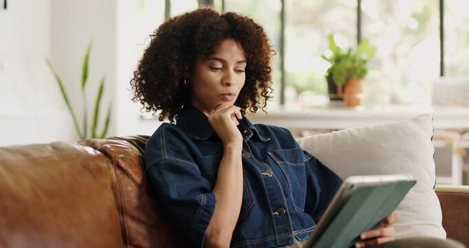 Thinking, woman and scroll on tablet, lounge and writer with freelance project, online and creative. Reflection, remote work and person with tech in home and planning for social media script