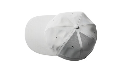 Overhead view of a plain white baseball cap on a black background