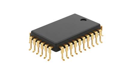 Black integrated circuit chip with gold pins on dark background