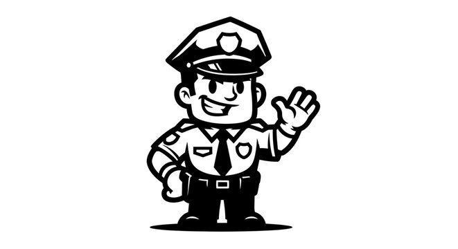 Cartoon Police Officer Waving Hand Greeting.