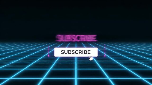 A neon grid with a prominent subscribe button in the center, viewed from directly above in a dark environment