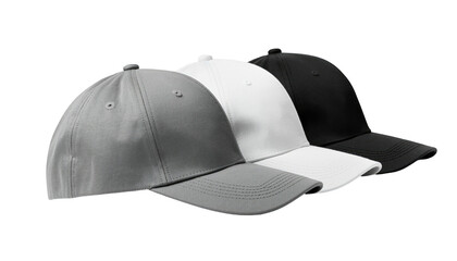 Three baseball-style caps in grayscale, angled, on a dark background