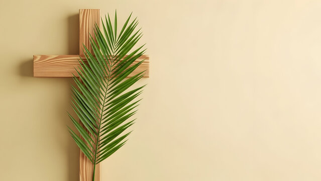 Palm sunday cross with green palm frond