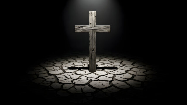 A solitary cross on cracked earth illuminated by a spotlight