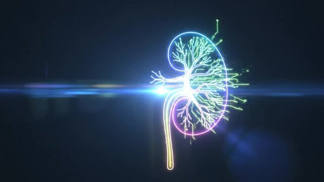 Futuristic neon kidney animation showcasing renal system and its intricate internal structure with vibrant glowing effect