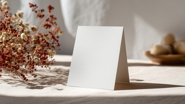 Recycled Paper Card Mockup with Dried Flowers and Ceramic Decor in Sunlit Room for Wedding Invitation Concept