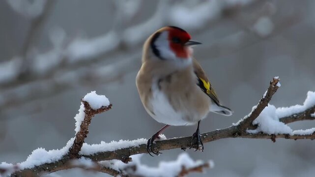 European goldfinch perched on a snowcovered branch winter closeup observing nature in subzero environment