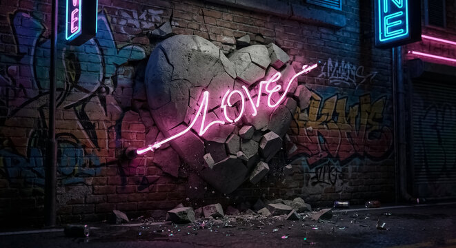 Render 3D hati batu retak pada dinding bata grafiti yang menampilkan lampu neon merah muda bertuliskan love yang bercahaya indah