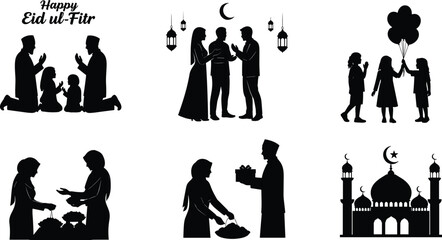 Happy Eid ul-Fitr silhouette illustration, Islamic culture vector art, mosque prayer family greeting food gift festive celebration design tradition © Habiba