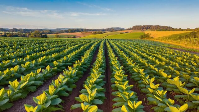 Tobacco plants growing in neat rows under warm sunlight on rural farm landscape