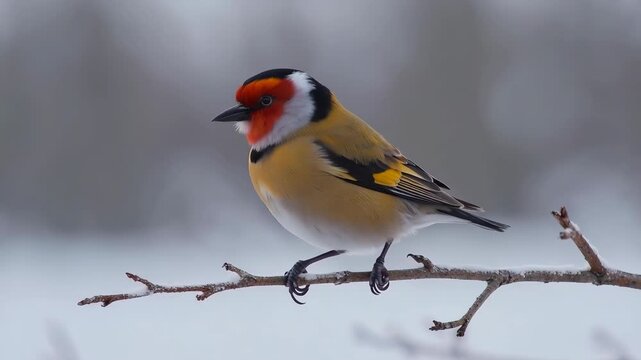 European goldfinch perched on a snowy branch captivating close up wildlife footage revealing its distinctive plumage and winter adaptation