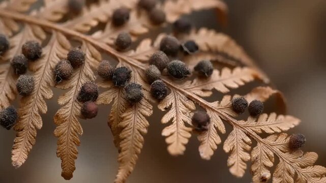 Close-up macro shot of a dry fern frond with numerous brown fern spore clusters on its underside.