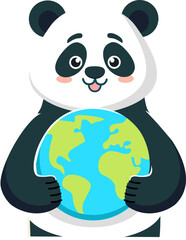 A cheerful cartoon panda with black and white fur, embracing the globe with happy expression, representing conservation and environmental awareness in a playful, digital art style, suitable 