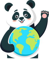 Charming cartoon panda bear embracing and holding a globe of Earth, waving a friendly hello gesture, rendered in a cheerful, flat, vector style, ideal for environmental awareness or conserva