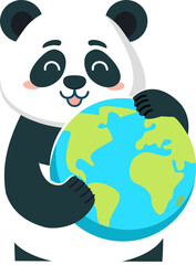 A cheerful cartoon panda tenderly embraces planet Earth, showcasing global love, environmental care, and the concept of conservation with a simple, modern, flat vector graphic in a positive,