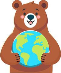 A heartwarming, vibrant cartoon depiction of a friendly bear tenderly cradling the Earth, symbolizing environmental care, conservation, and global responsibility with a cheerful and engaging