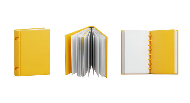 Three views of a yellow hardcover book with white pages and binder ring