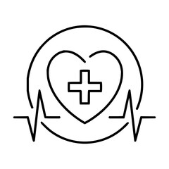 Fototapeta premium Modern line art icon illustrating a healthy heart with a medical cross and an electrocardiogram pulse, representing medical care, wellness, and vital health monitoring